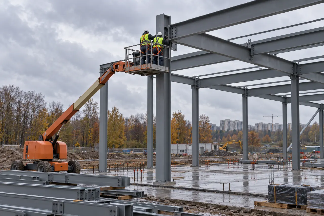 Two workers on a lifting platform bolting a steel beam to a column on a building site