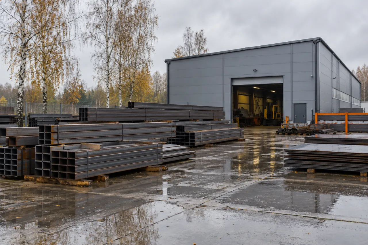 Stacks of grey steel profiles and plates in a yard in front of a metal-clad workshop