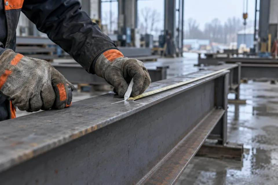 Gloved hands holding a tape measure along the flange of a steel beam