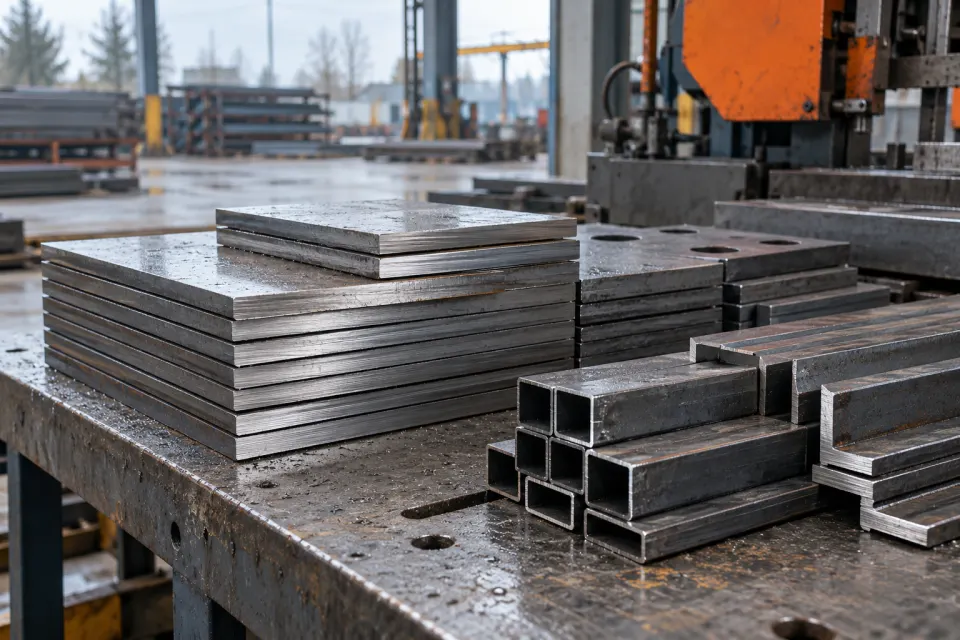 Freshly cut steel plates and short profiles stacked on a workshop bench