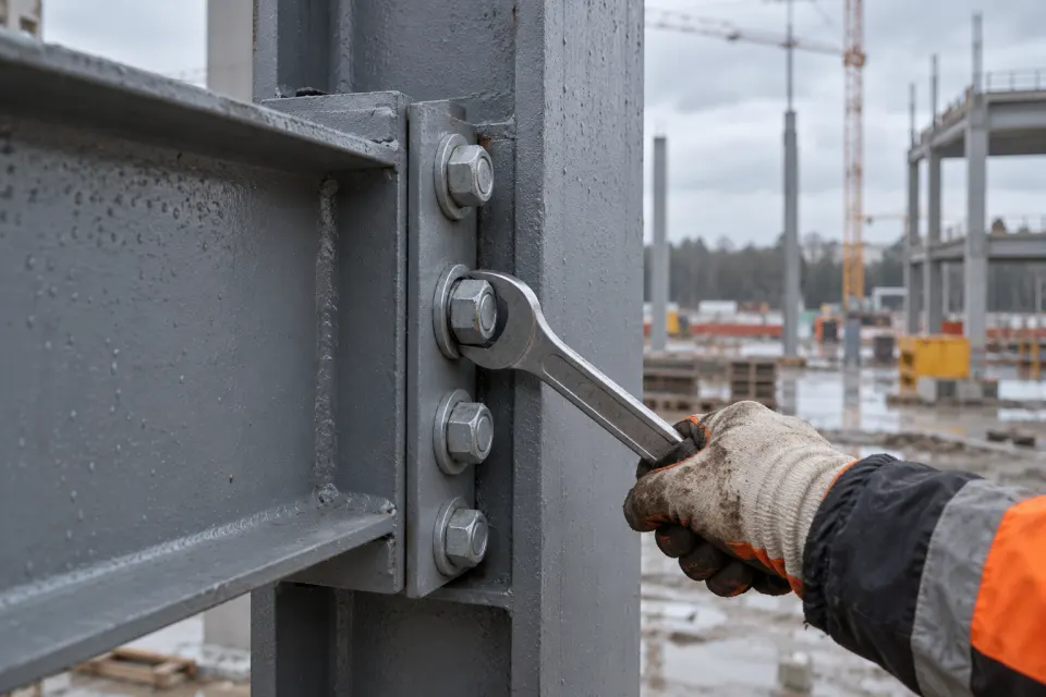 A gloved hand tightening a bolt with a wrench at a steel beam-to-column joint