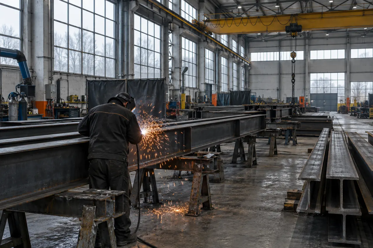A welder working on long grey steel beams in a workshop, with a spray of orange sparks